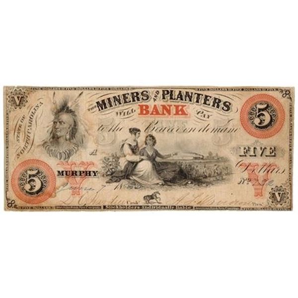 NC. 1860 $5 Miners & Planters Obsolete Bank Note