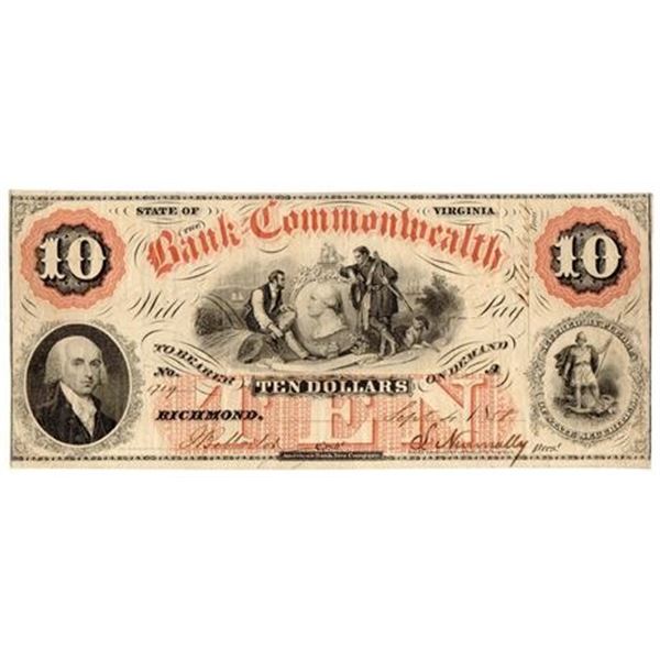 VA. 1858 $10 Bank of the Commonwealth Obsolete Bank Note