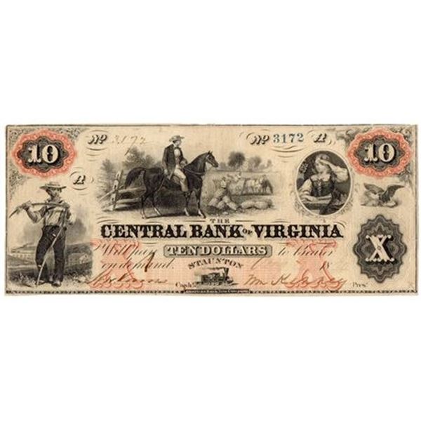 1860 $10 Central Bank of Virginia Obsolete Bank Note
