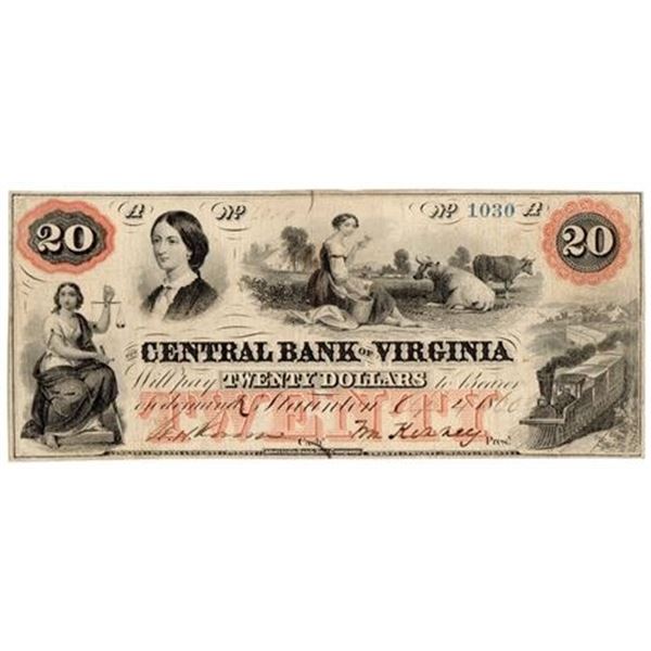 VA. 1860 $20 Central Bank of Virginia Obsolete Bank Note