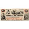 Image 1 : VA. 1860 $20 Central Bank of Virginia Obsolete Bank Note