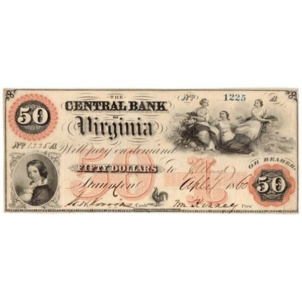 VA. 1860 $50 Central Bank of Virginia Obsolete Bank Note
