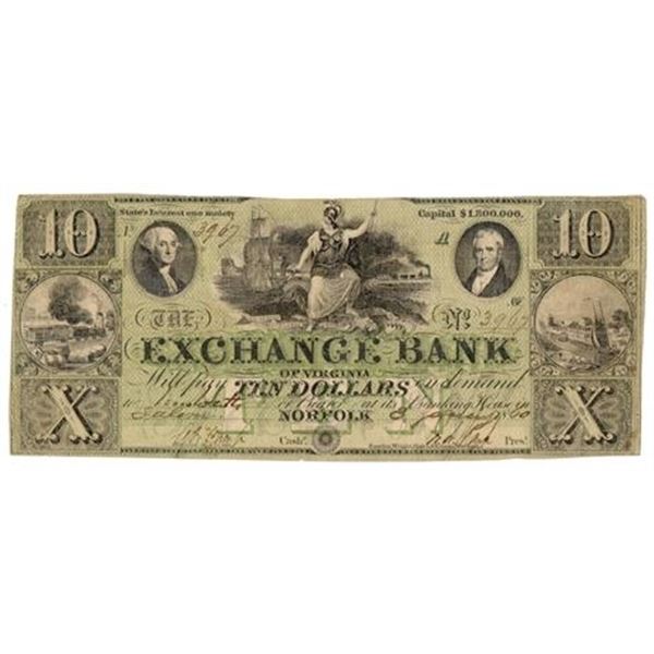 VA. 1860 $10 Exchange Bank, Norfolk, VA Obsolete Bank Note