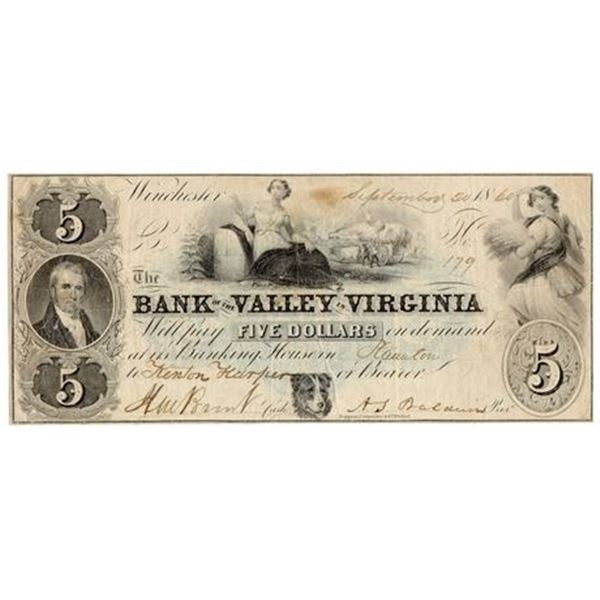 VA. 1860 $5 Bank of the Valley of Virginia Obsolete Note