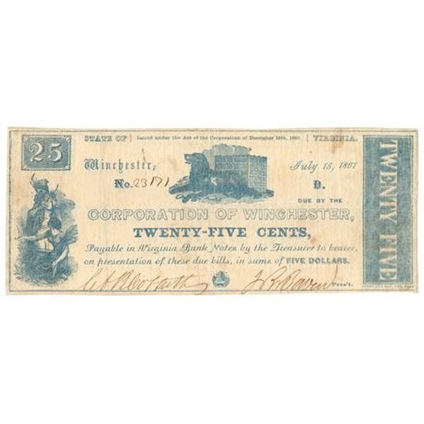 VA. 1861 25 Cents Corporation of Winchester Obsolete Note