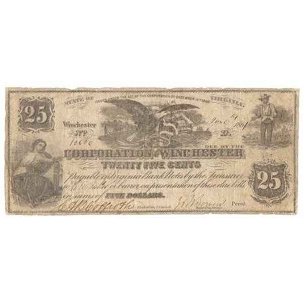 VA. 1861 25 Cents Corporation of Winchester Obsolete Note