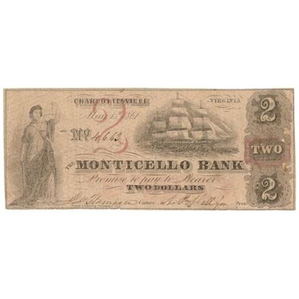 VA. 1861 $2 Monticello Bank Obsolete Note