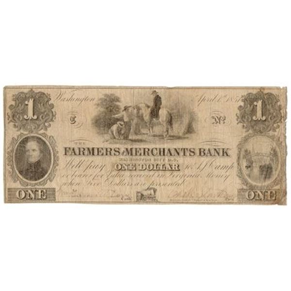 Washington, DC. 1851 $1 Farmer's & Mechanics Bank Obsolete Note