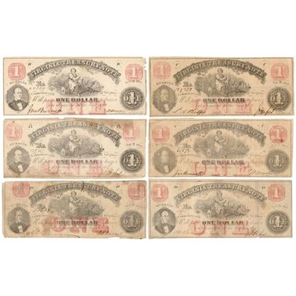 Lot of 6. 1862 Virginia Treasury Notes