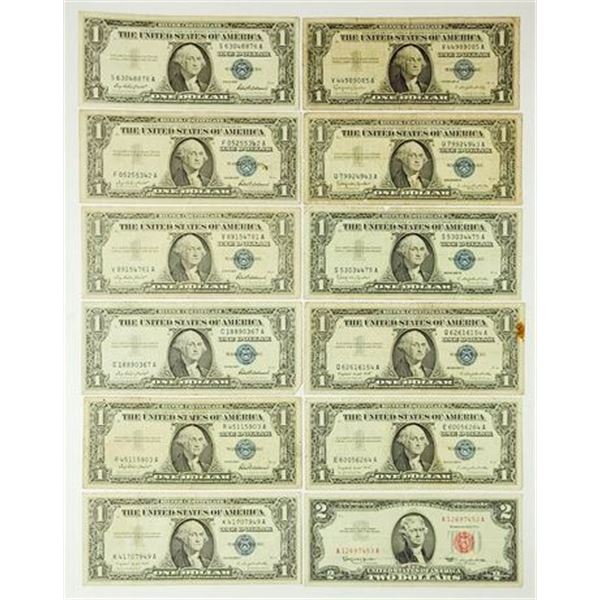 Lot of 12. 1957 $1 Silver Certificates & 1963 $2 Legal Tender Notes