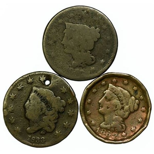 Group of 3 Braided Hair Large Cents 1833, 1842, 1852