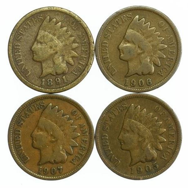 Lot of 4 Indian Head Cents 1891, 1905, 1906, 1907