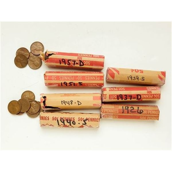 7 Rolls of Lincoln Wheat Cents 1926 to 1957-D