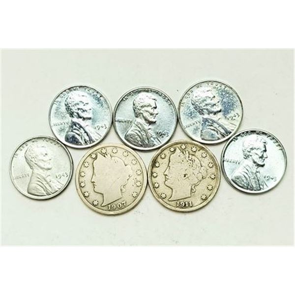 Lot of 7 Coins. 5 1943 Steel Cents, 1907 & 1911 V Nickel