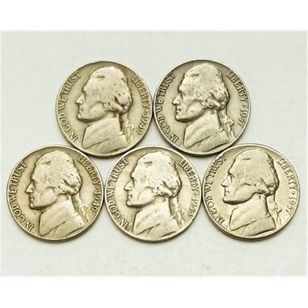 Group of 5 Jefferson Nickels 1949- 1957-D