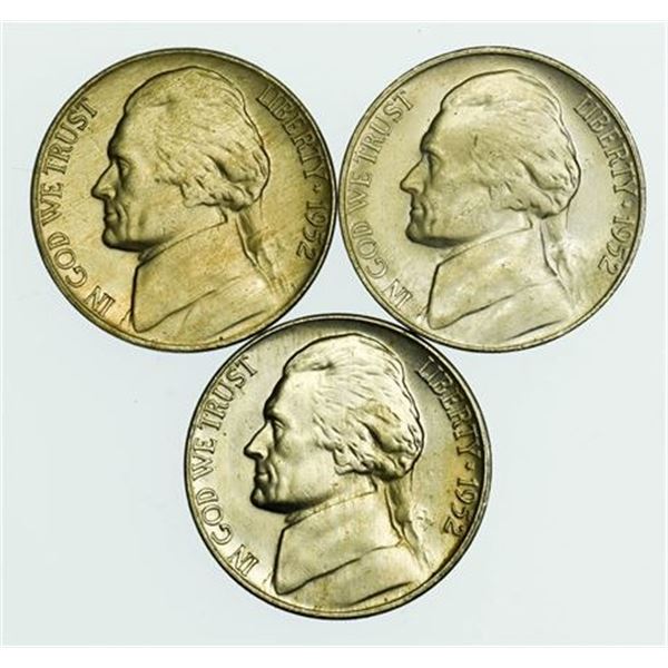 Set of 3 Jefferson Nickels 1952, 1952-D, 1952-S