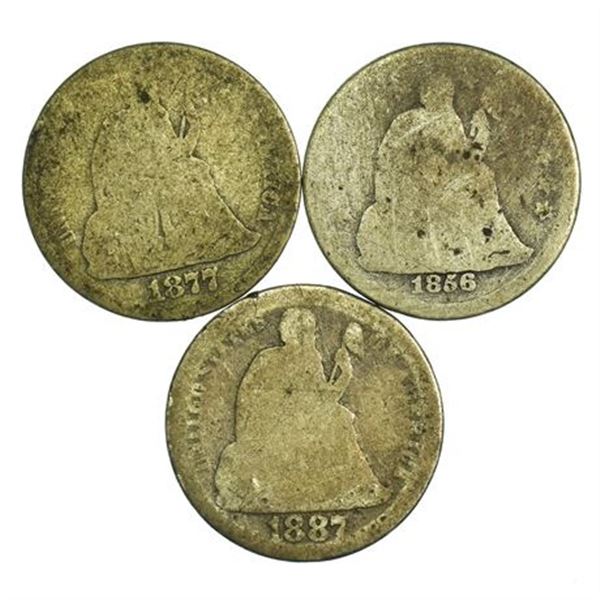 Group of 3 Seated Liberty Dimes 1856, 1877, 1887