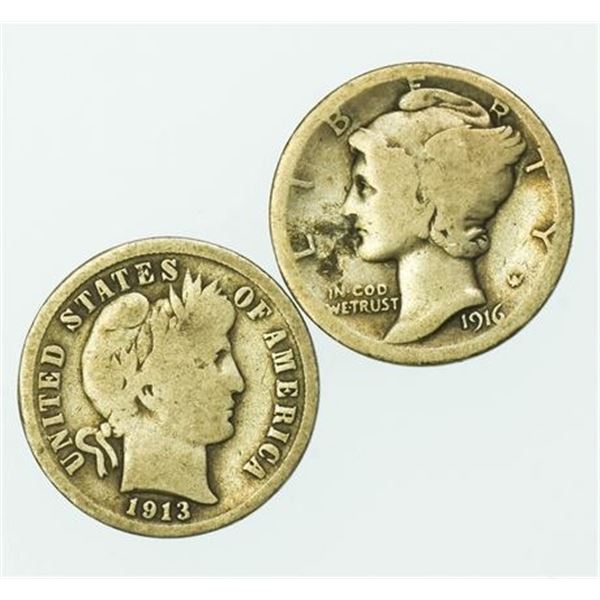 Pair of Dimes 1913 Barber & 1916 Mercury Dime
