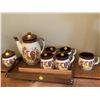 Image 4 : Vintage coffee service set with wooden tray. Ceramic set with rooster and floral, painted design, ma