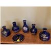 Vintage six pieces of Japanese made ceramic vases and one ceramic plate. All with Royal blue glazing
