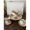 441  3 ceramic pitchers and basins. One large, and two medium sized pieces. All glazed ceramic and in goo