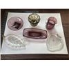 6 pieces of vintage glass. Includes one purple, oval dish, one purple round dish, pedestal style, gr