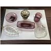 Image 1 : 6 pieces of vintage glass. Includes one purple, oval dish, one purple round dish, pedestal style, gr