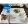 5 pieces of vintage glass, including Indiana glass,diamond pattern, blue compote dish; green glass, 
