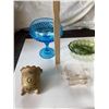 Image 2 : 5 pieces of vintage glass, including Indiana glass,diamond pattern, blue compote dish; green glass, 