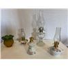 1 small glass antique oil lamp with shade, and 3 mini oil lamps, with 2 shades. One lamp marked ESL 