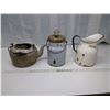 Image 1 : 3 Metal/Enamel Kitchen Items - Stove Kettle, Cookie Jar, Pitcher