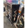 Image 3 : Oriental themed cabinet 37"h x 25"w x 12"d w/ 4 wall hangings 36"h x 12"w