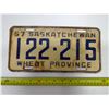 Image 1 : SK "Wheat Province" 1957 License Plate - 122 215