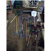 Image 1 : Lot of Assorted Garden Tools - Spades, Shovels, Pitch Forks, Rakes, Hoes, and Bird Feeder Hanger
