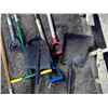 Image 2 : Lot of Assorted Garden Tools - Spades, Shovels, Pitch Forks, Rakes, Hoes, and Bird Feeder Hanger