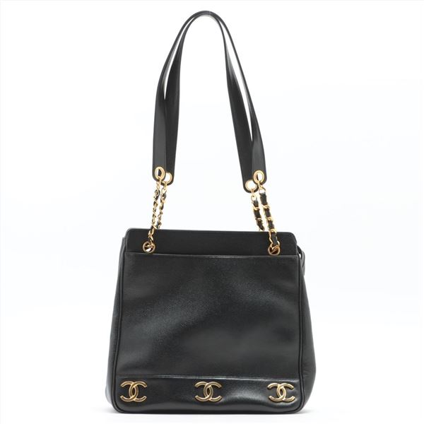 Chanel Vintage Black Caviar Leather Triple CC Logo Tote Bag