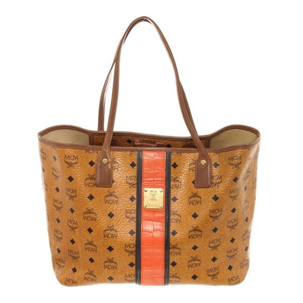 MCM Cognac Monogram Visetos Canvas Leather Orange Rudic Tote Bag