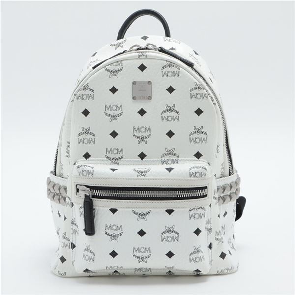 MCM White Monogram Visetos Canvas Leather Studs Stark Backpack