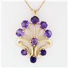 Image 2 : Vintage 14k Gold 7.05 ctw 9 Round Amethyst Large Brushed Textured Bouquet Pendan