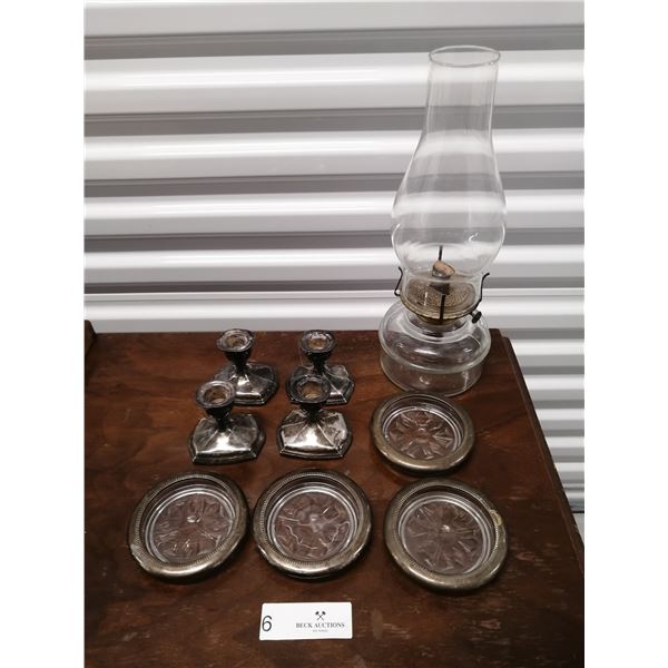 Vintage Oil Lantern with 4 x Silver-Plated Candle Holders and Silver-Plated Glass Coasters
