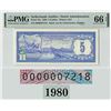 Image 1 : Netherlands Antilles 5 Gulden 1980 First Year and Low 7218 Serial! Pick 15a PMG Gem Uncirculated 66 