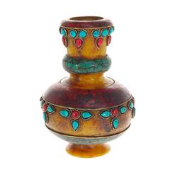 Tibet Antique Amber Turquoise Red Coral Vase