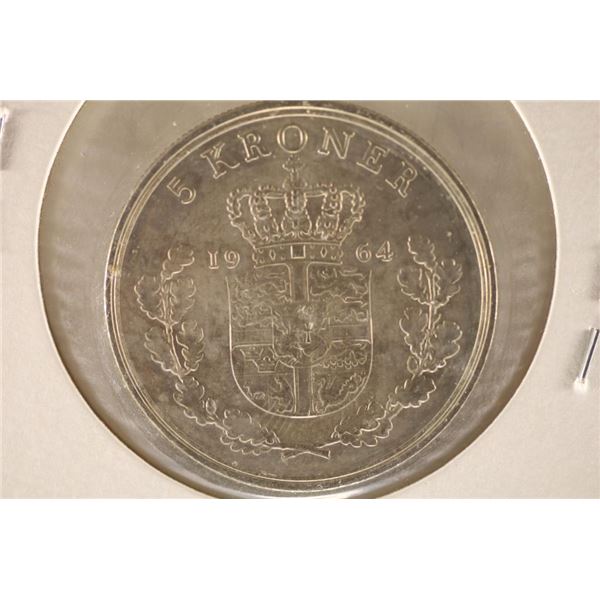 1964 DENMARK SILVER 5 KRONER - (SEMI-KEY)