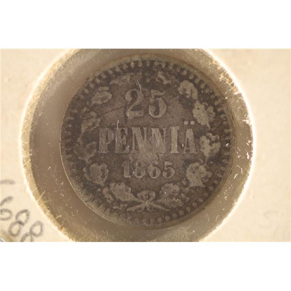 1865-S FINLND SILVER 25 PENNIA (SEMI- KEY)