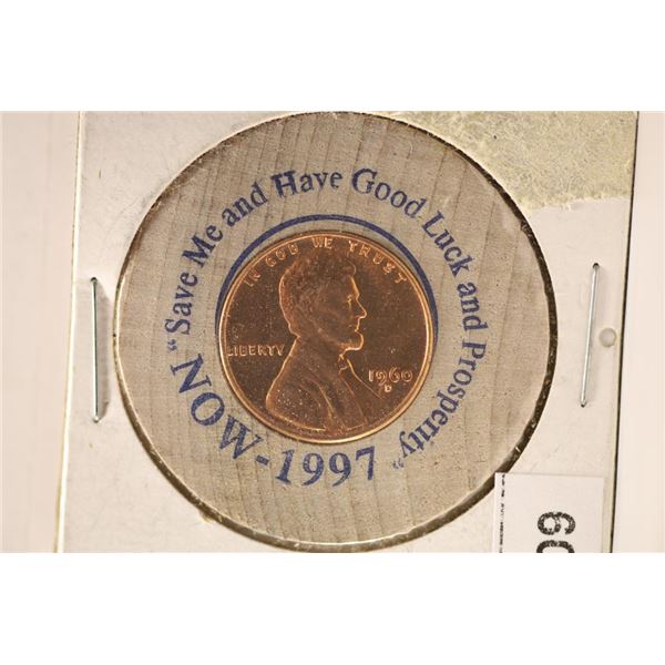 ENCASED 1960-D LINCOLN CENT ON WOODEN NICKEL