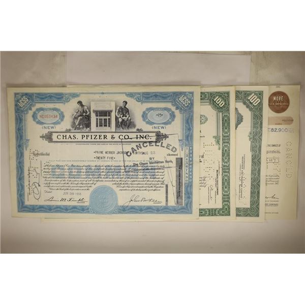 4 VINTAGE STOCK CERTIFICATES: 1955 CHAS. PFIZER &