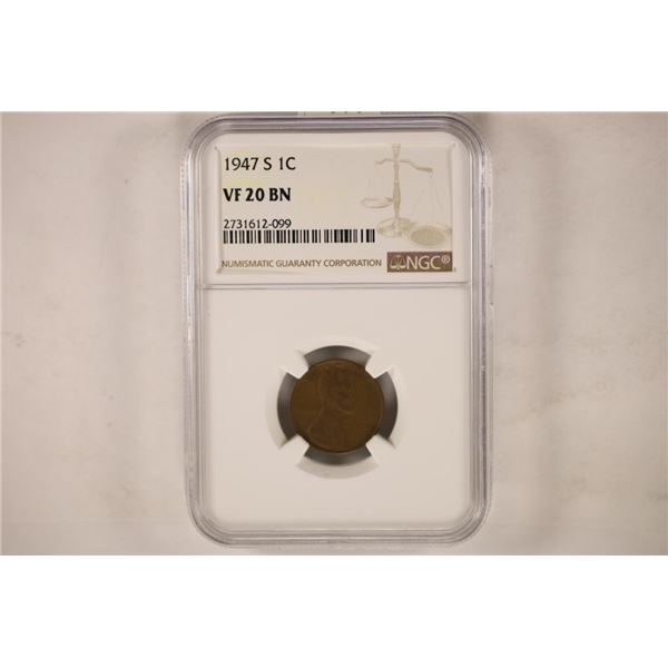 1947-S LINCOLN CENT NGC VERY FINE 20BN