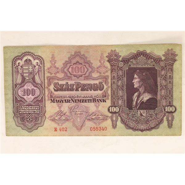 1930 HUNGARY MAGYAR NEMZETI BANK NOTE 100 PENGO