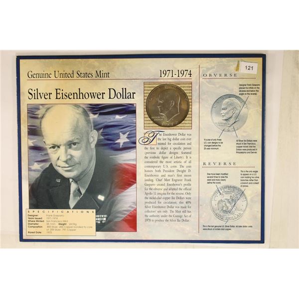 1974 IKE SILVER DOLLAR ON INFORMATIONAL DISPLAY