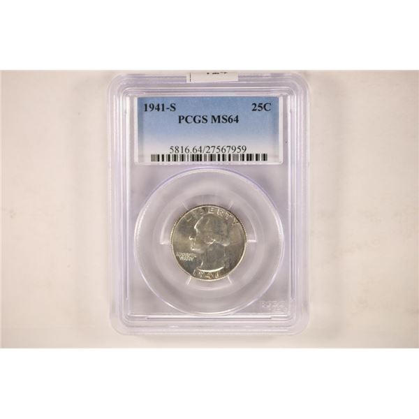 1941-S WASHINGTON SILVER QUARTER PCGS MS64